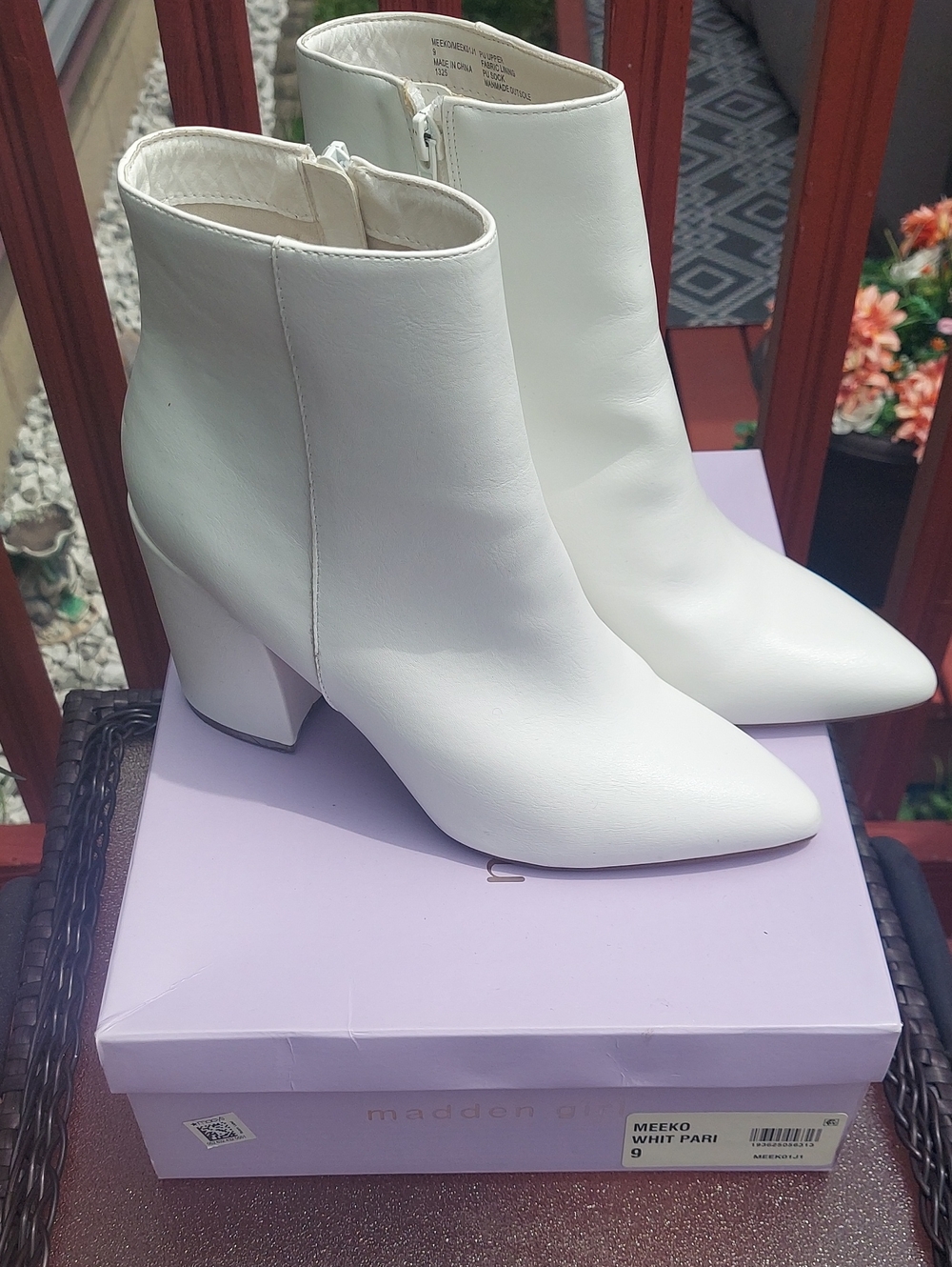 Madden Girl White Pointed Ankle Booties with Angled Block Heel